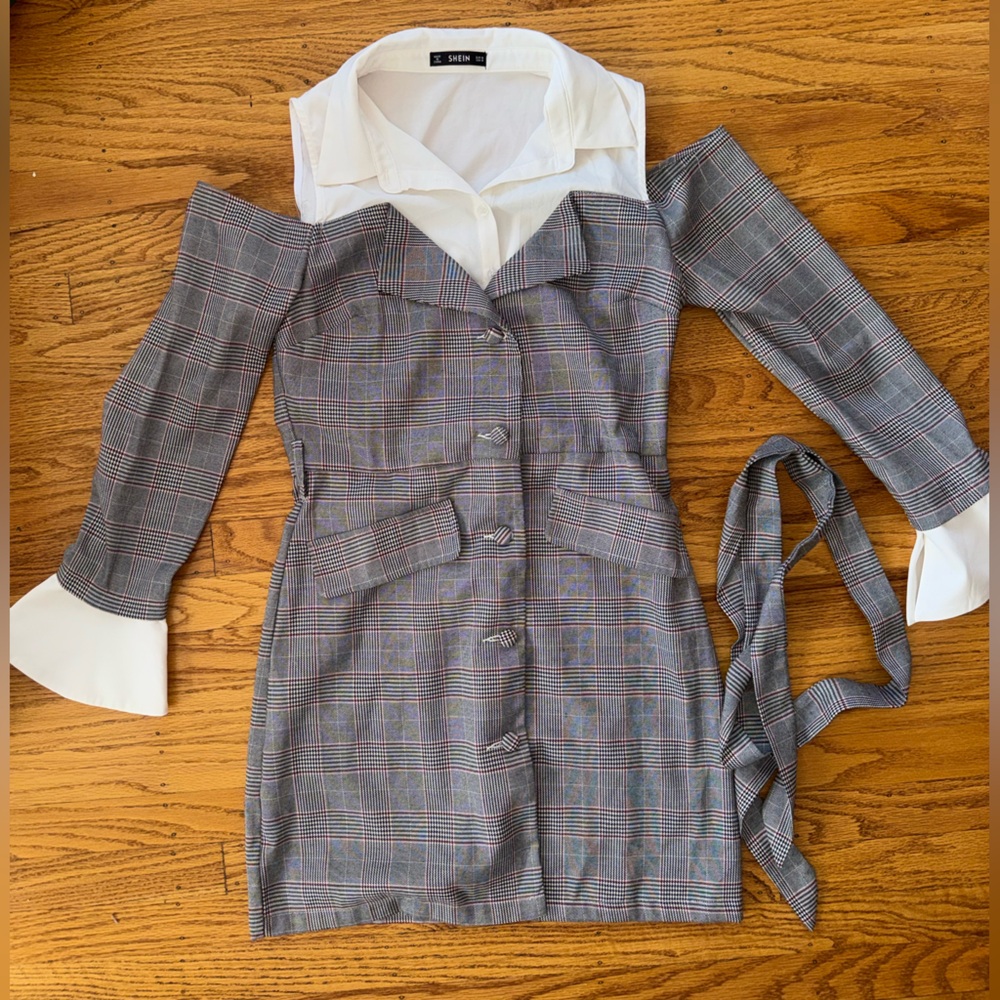SHEIN Gray Plaid Off-Shoulder Mini Dress